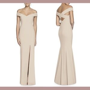 NWT $256 Dessy Collection [ 8 ] Off Shoulder Crossback Gown in Cameo‎